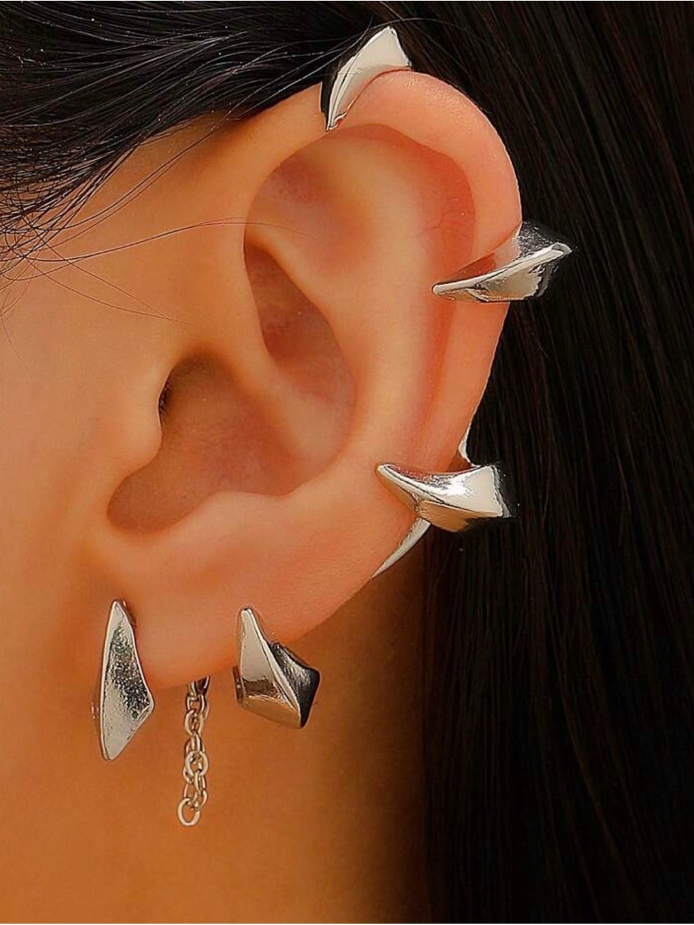 Claw Sculpted Silver Multi-Piece Ear Cuff (left ear)